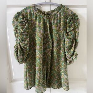 Veronica Beard Natuka Paisley Silk Ruched Short Sleeve Blouse Green Purple Top 6